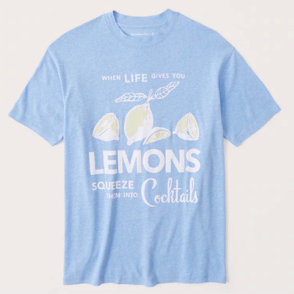 NWT Abercrombie & Fitch Oversized Boyfriend Linen-Blend Graphic Tee, XXS, blue
